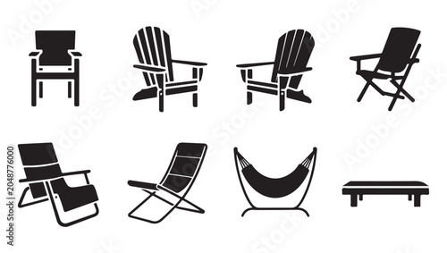 Cuadro en lienzo Outdoor seating icons including Adirondack chairs lounge chairs hammock and bench vector