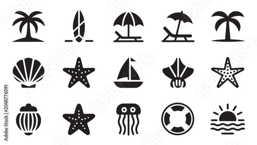 Canvas Print Nautical and marine life icons featuring sea creatures sailboat and beach travel symbols