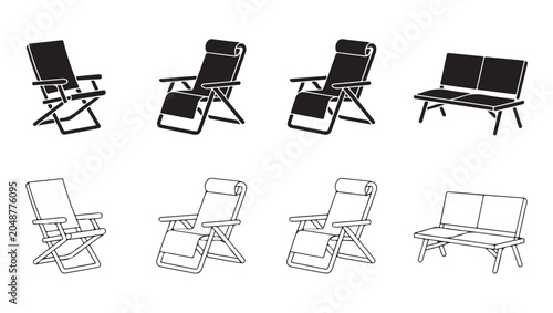 Schilderij op canvas Folding beach chair icons collection with lounge furniture and garden seating silhouettes