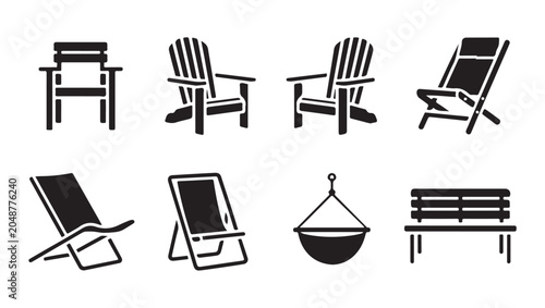 Tableau sur toile Set of various outdoor seating options, featuring adirondack and beach chairs
