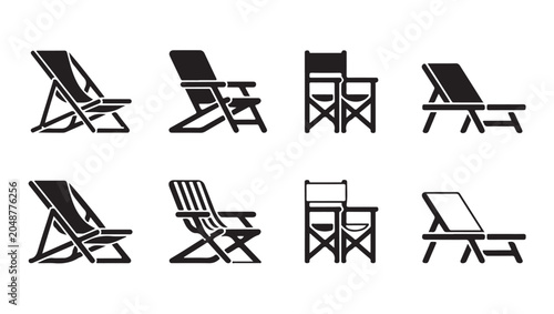 Canvastavla Various beach chair styles and folding deck chairs on white background flat icons