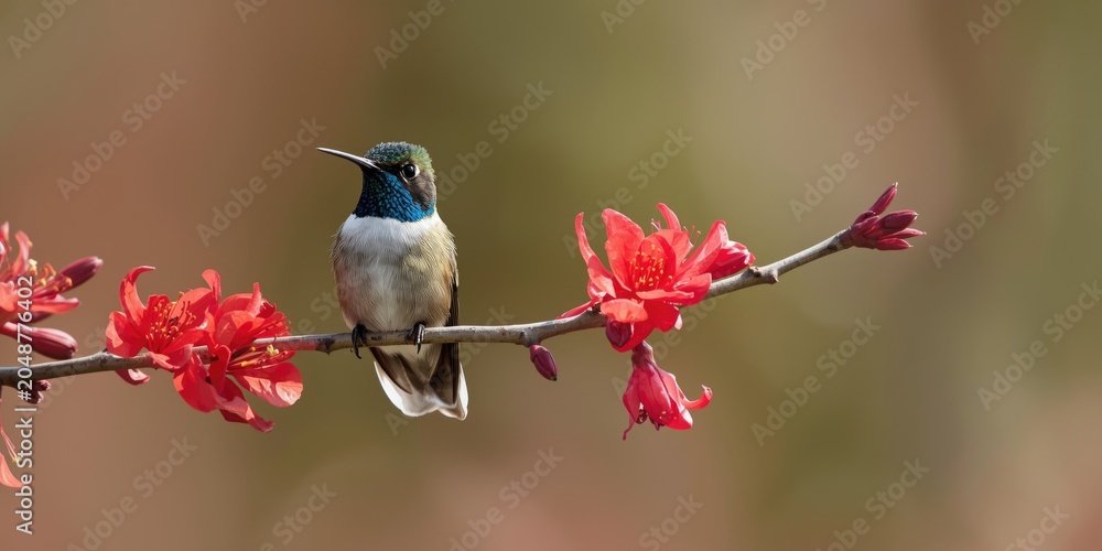 Fototapeta premium Serene blue chinned hummingbird resting on a flowering branch with red blooms