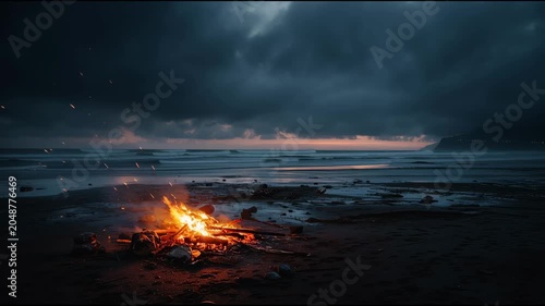 Emergency signal fire burning on a remote beach at twilight, rescue concept, cinematic mood, no text