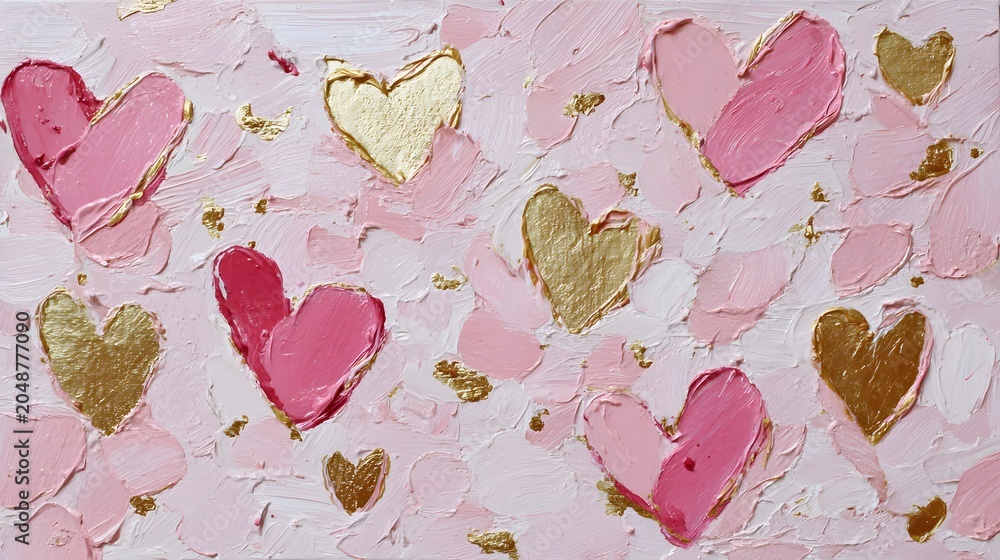 Obraz premium Textured oil painting features abstract pink and gold hearts scattered on a canvas.