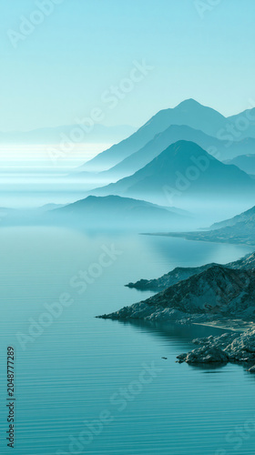 Misty Blue Mountain Layers Over Water