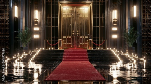 Grand luxury casino entrance at night, massive golden doors, red carpet, dramatic exterior lighting