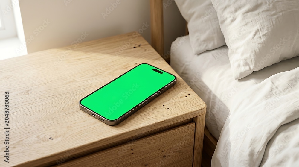 Fototapeta premium Smartphone with Green Screen Mockup on Wooden Bedside Table