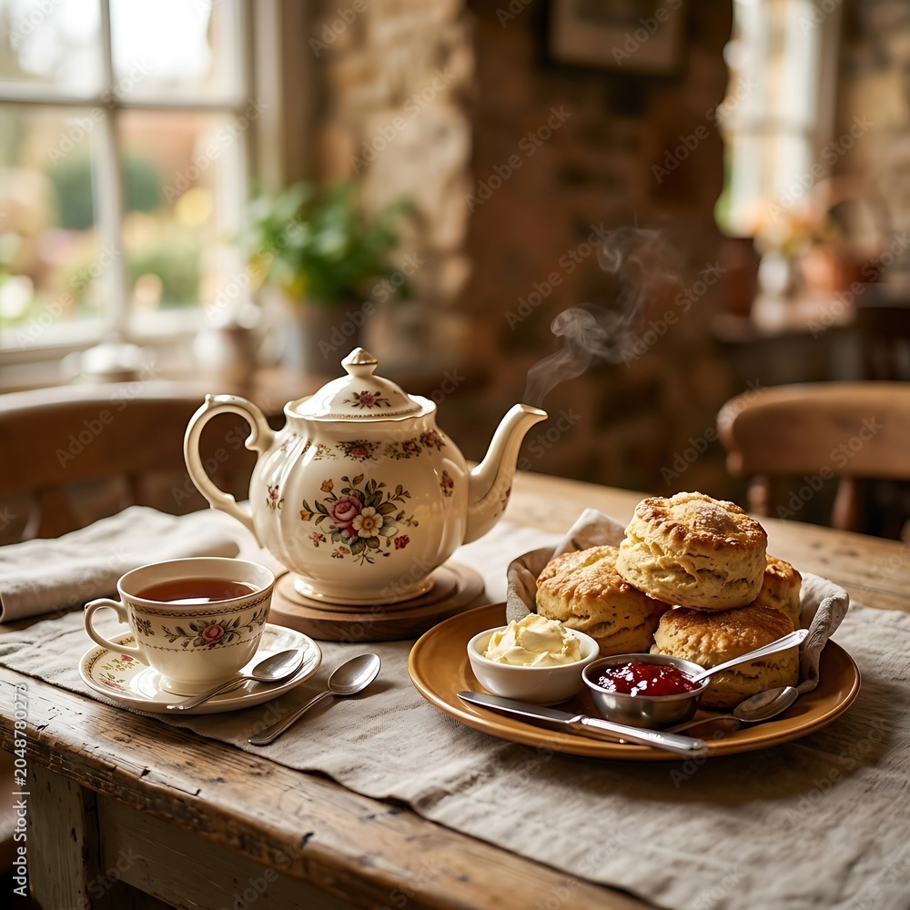 Fototapeta premium Traditional British Cream Tea with Scones Jam and Clotted Cream