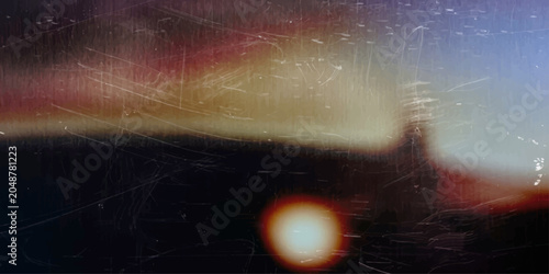 Photos An abstract, distressed photograph captures the hazy silhouette of a distant lighthouse against a surreal, colorful sky, evoking a sense of mystery and forgotten memories