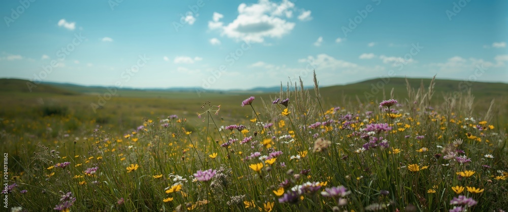 Obraz premium Seasonal wildflower display enhancing broad prairie vista