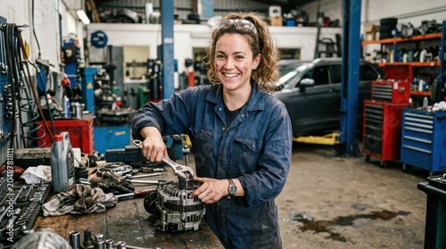 Smiling female mechanic using an adjustable wrench to repair a metal component in a workshop, wearing blue coveralls while working in a garage environment. 