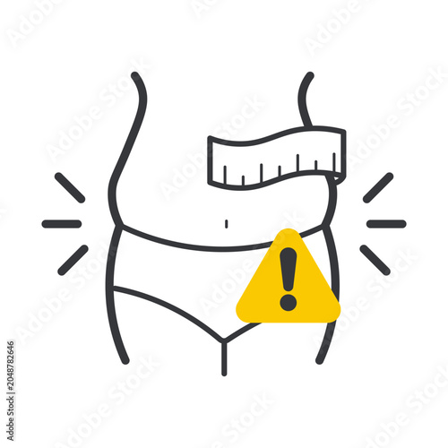 Isolated outline illustration of enlarged abdomen with warning triangle representing obesity risk, diabetes danger, hypertension awareness, and health prevention concept