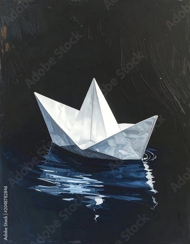 White paper origami boat floating on dark water.