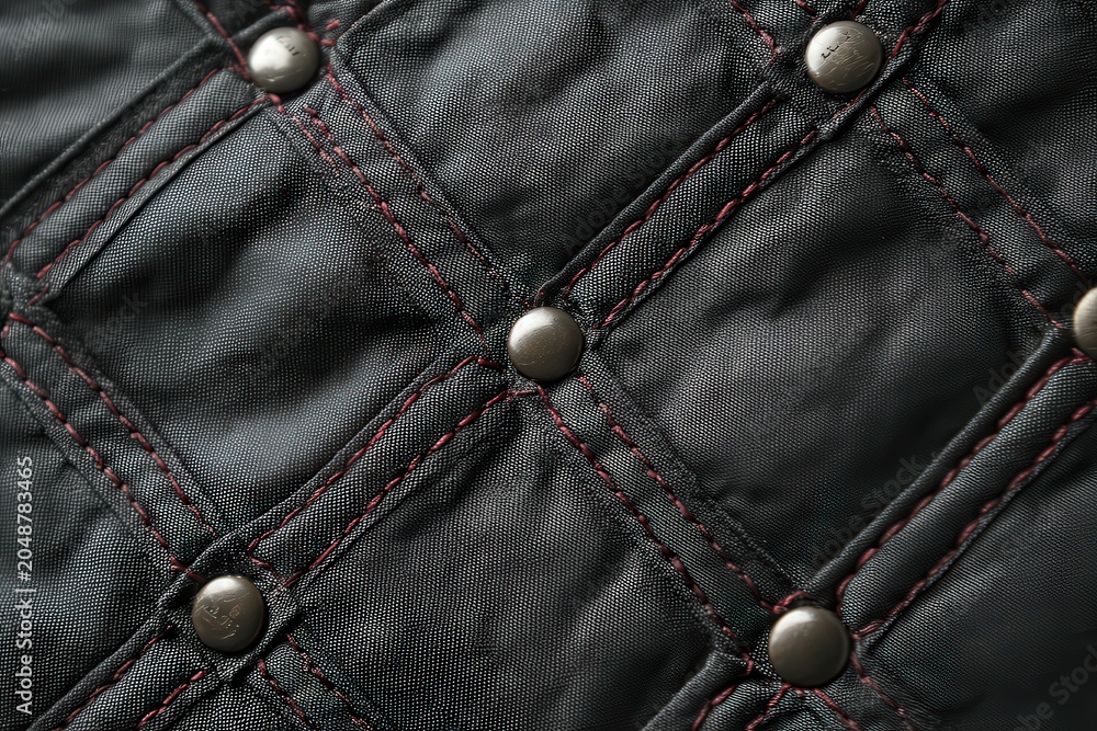 Fototapeta premium Quilted Black Fabric Diamond Pattern Dark Red Stitching Metallic Rivets Luxury Upholstery Texture Closeup