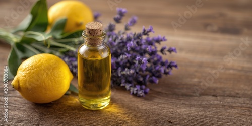 Yellow essential oil in glass bottle placed with lemons and lavender flowers on natural wooden surface with copy space