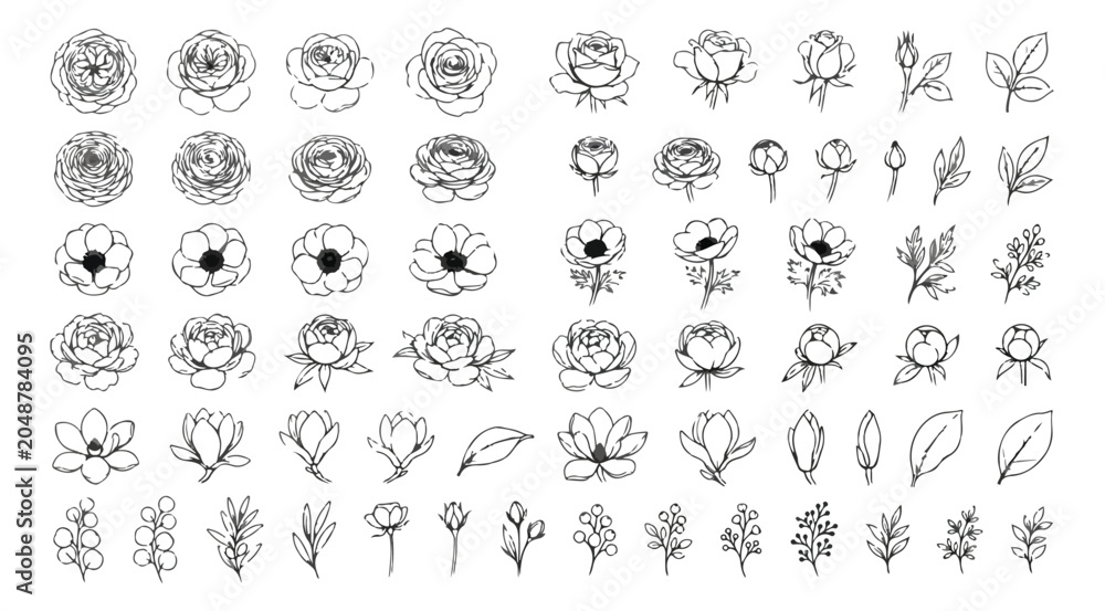 Fototapeta premium Minimalist hand drawn floral line art collection, elegant black ink flower sketches and botanical leaf icons, set of 60 vector illustrations