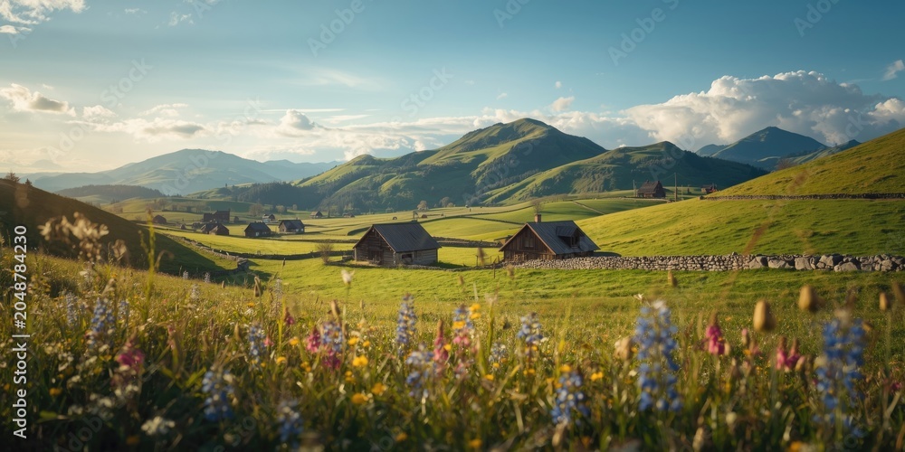 Obraz premium Stunning alpine scenery featuring undulating hills and rural fields in spring