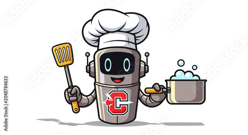 A cartoon robot chef with cooking utensils.