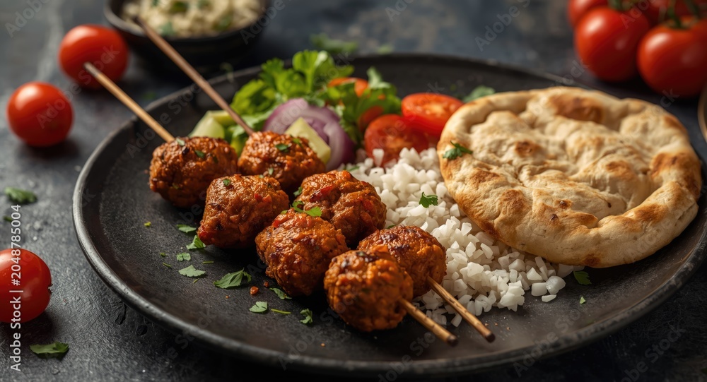 Fototapeta premium Spiced grilled kofta kebabs on skewers with rice and pita bread served with fresh vegetables on a dark plate