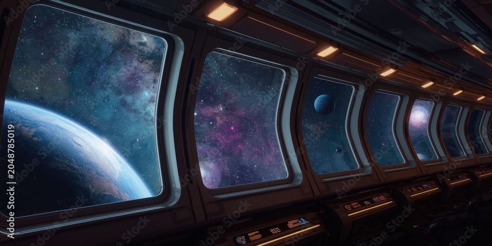 Obraz premium Inside space vessel featuring cosmic sights and remote planetary systems