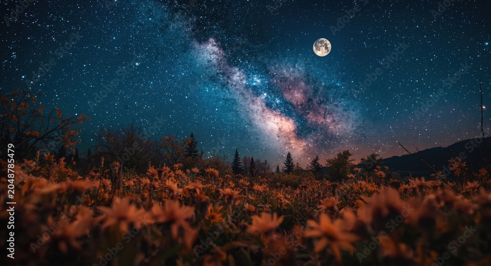 Obraz premium Dreamy night scene featuring a full moon and vibrant autumn wildflowers under the Milky Way galaxy