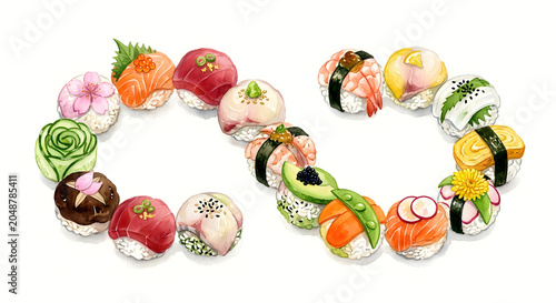 Watercolor sushi infinity loop illustration, assorted Japanese temari sushi set arranged in endless symbol, asian food isolated on white background.