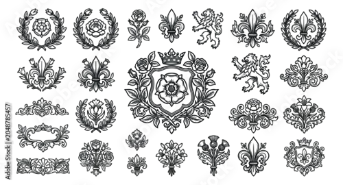 Fototapeta Vintage heraldic crests and royal emblems collection, 25 black line art vector elements, medieval fleur de lis and lion rampant symbols for luxury branding