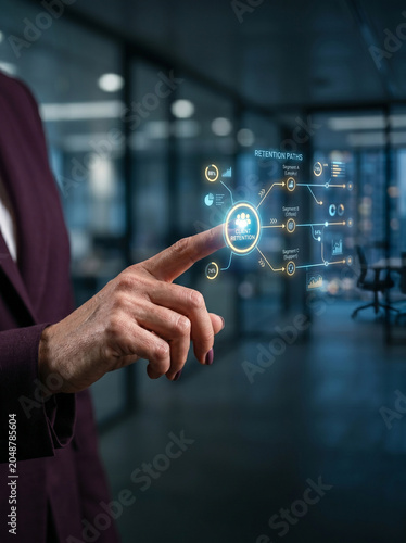 Customer journey mapping, hand point toward client retention data in dark office