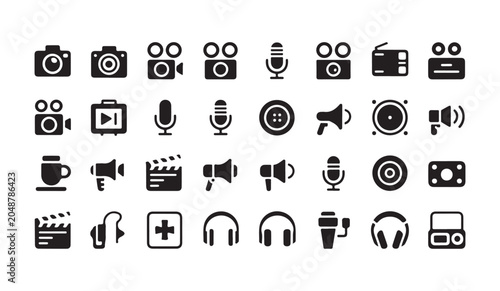 Multimedia and audio equipment icons featuring cameras microphones headphones and speakers.