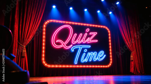 vibrant quiz time neon sign on theater stage with red curtains and blue spotlights high quality of fun game show atmosphere shallow depth of field glowing effects cursive letters bright illuminated bo