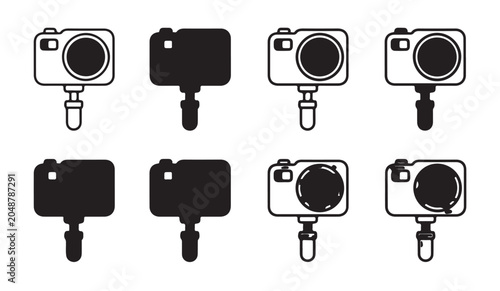 Quadro su tela Action camera on hand grip tripod mount icon set in solid and outline graphic styles