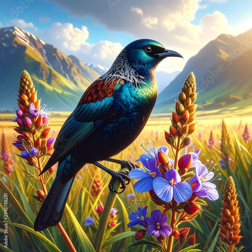 Vibrant peacock displaying feathers in lush meadow.