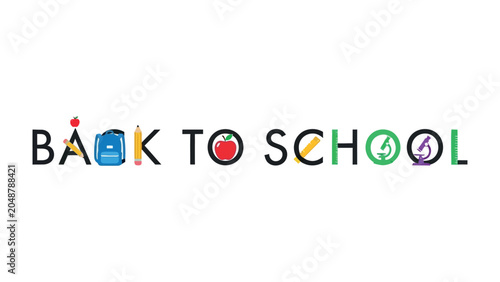 Fotografija Back to School Graphic: A vibrant and playful graphic design announcing Back to School with each letter creatively replaced by school-related icons, symbolizing the start of a new academic journey
