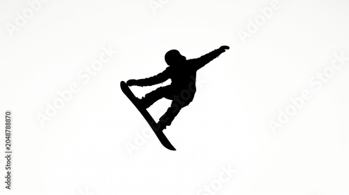 Silhouette of a Snowboarder in Mid Air Against White Background