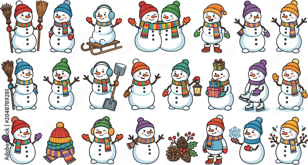 Fototapeta premium Cute winter snowman character collection with festive holiday activities Christmas decorations and seasonal cartoon illustrations