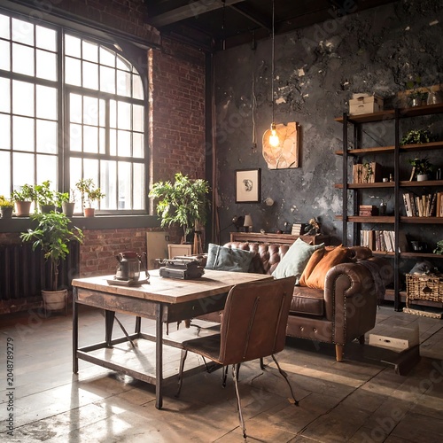 Cozy living room with vintage furniture and plants.