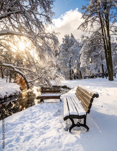 Solitary wooden bench in snowy winter forest.