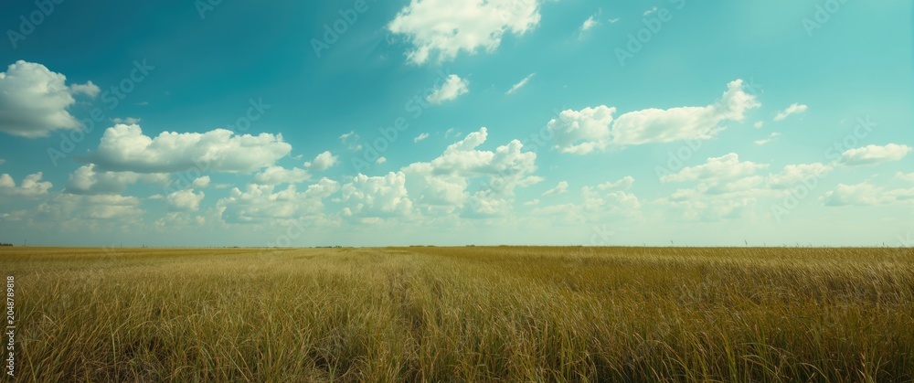 Obraz premium Warm sunny day showing blue sky and puffy clouds over a wide grassy dike scene