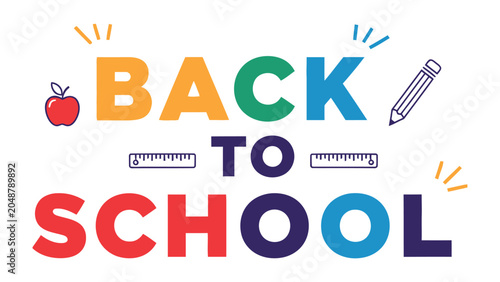 Canvastavla Back to School Fun: A vibrant and colorful illustration announces Back to School with playful elements like an apple, rulers, and a pencil, inspiring excitement for the academic year