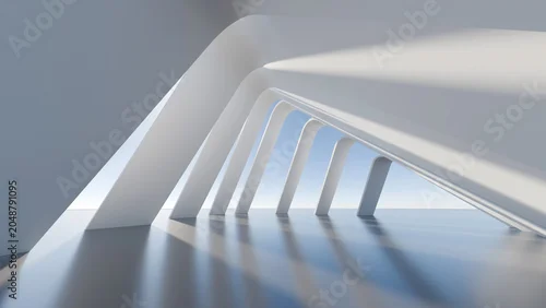 Obraz Abstract white 3D architectural geometric corridor structure with blue sky. Modern minimalist pavilion corridor for futuristic business, tech, and interior design