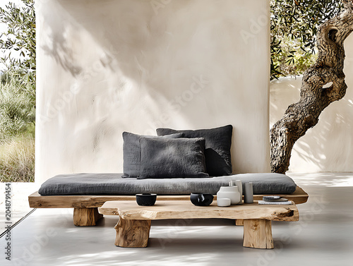 Rustic outdoor living space with natural wood furniture and olive tree