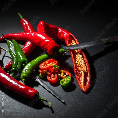 Vibrant red chili peppers arranged on bicycle handlebars.