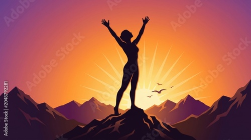 Silhouette Person Standing on Mountain Peak With Arms Raised at Sunset