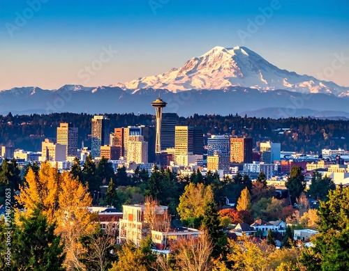 Sunset over city with mountain backdrop autumn foliage.