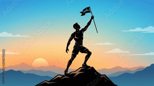 Victorious Runner Reaching Summit at Sunrise