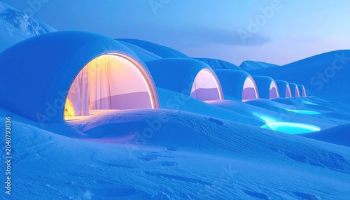 Ice hotel rooms in winter landscape.