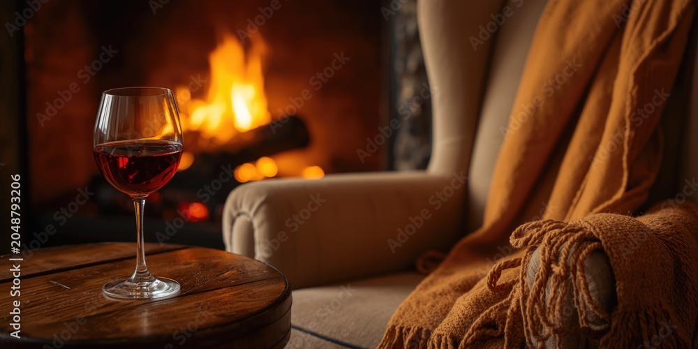 Obraz premium Inviting fireplace backdrop with red wine glass and cozy wool scarf composition