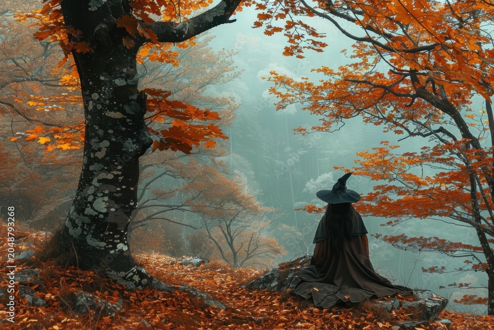 Obraz premium Witch wearing pointed hat and cloak sitting in autumnal forest looking at misty valley