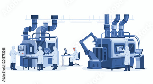 Tableau sur toile Advanced manufacturing facility with robotic arm and engineers in sterile enviro