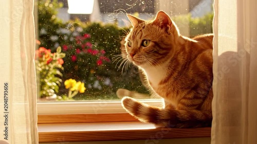 Ginger tabby cat lounging on a wooden windowsill inside a house gazing outside on a sunny day